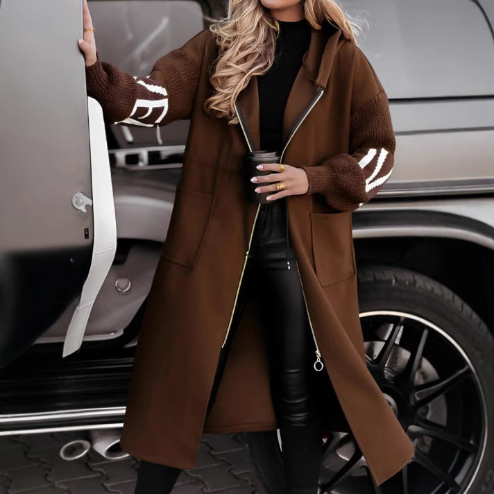 Hooded Windbreaker Long Jacket With Pockets And Drawstring