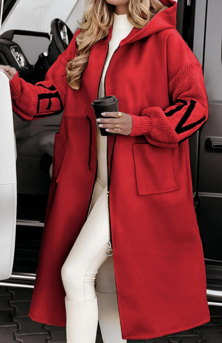 Hooded Windbreaker Long Jacket With Pockets And Drawstring