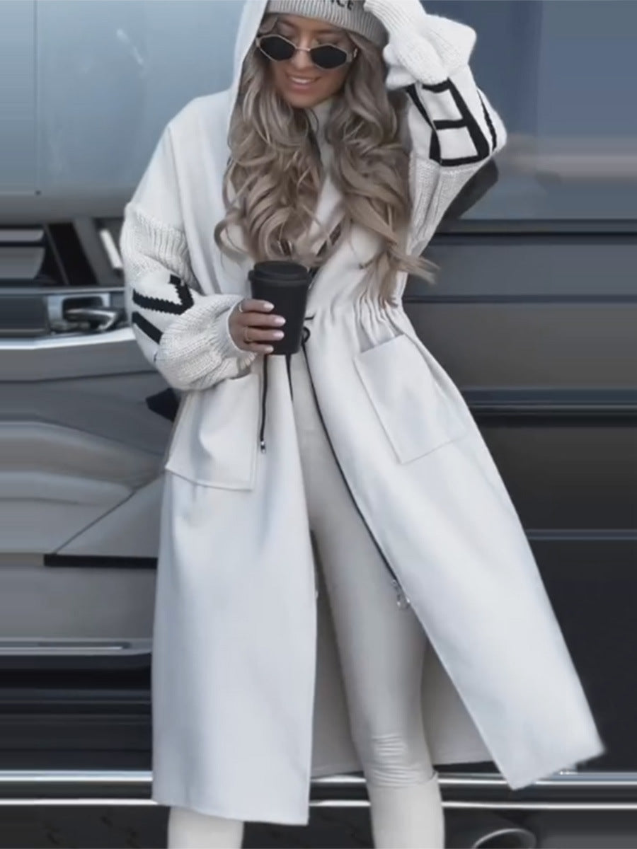 Hooded Windbreaker Long Jacket With Pockets And Drawstring