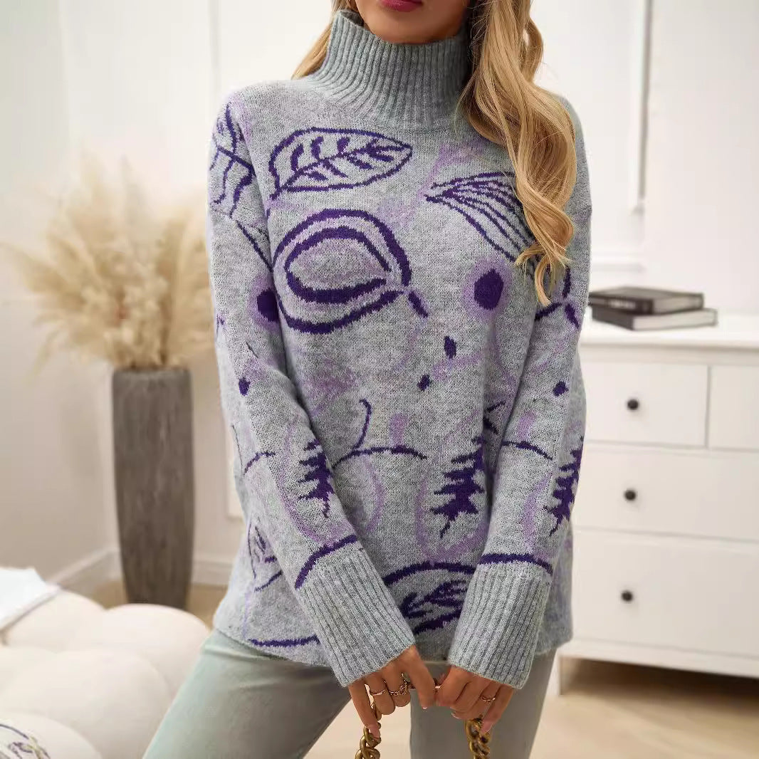 Turtleneck Jacquard Pullover Sweaters Women's Clothing