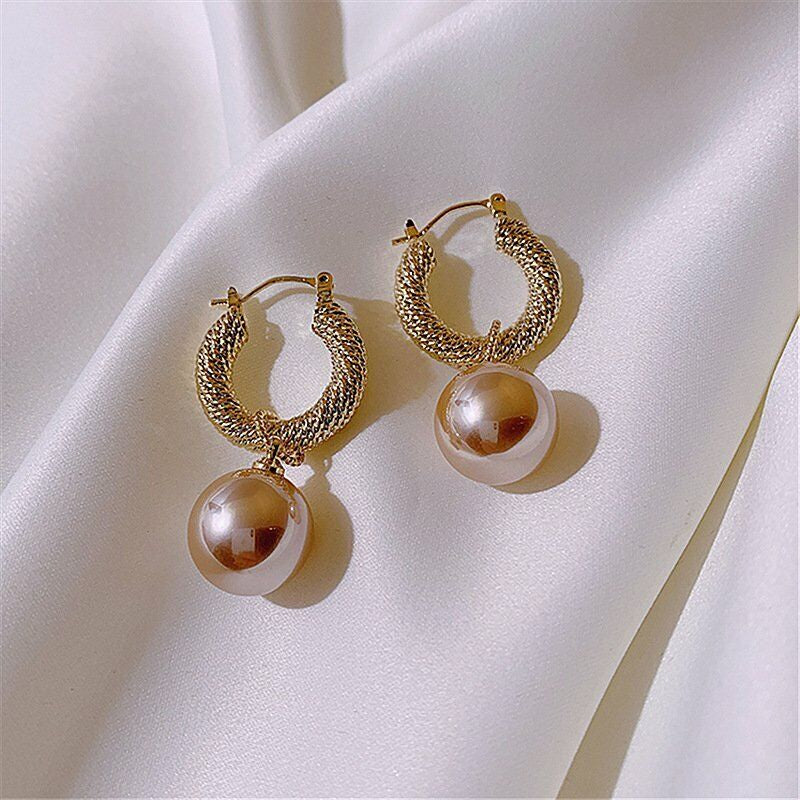 Fashion Champagne Pearl Earrings Drop Dangle Hoop Women Wedding Jewelry Gift New
