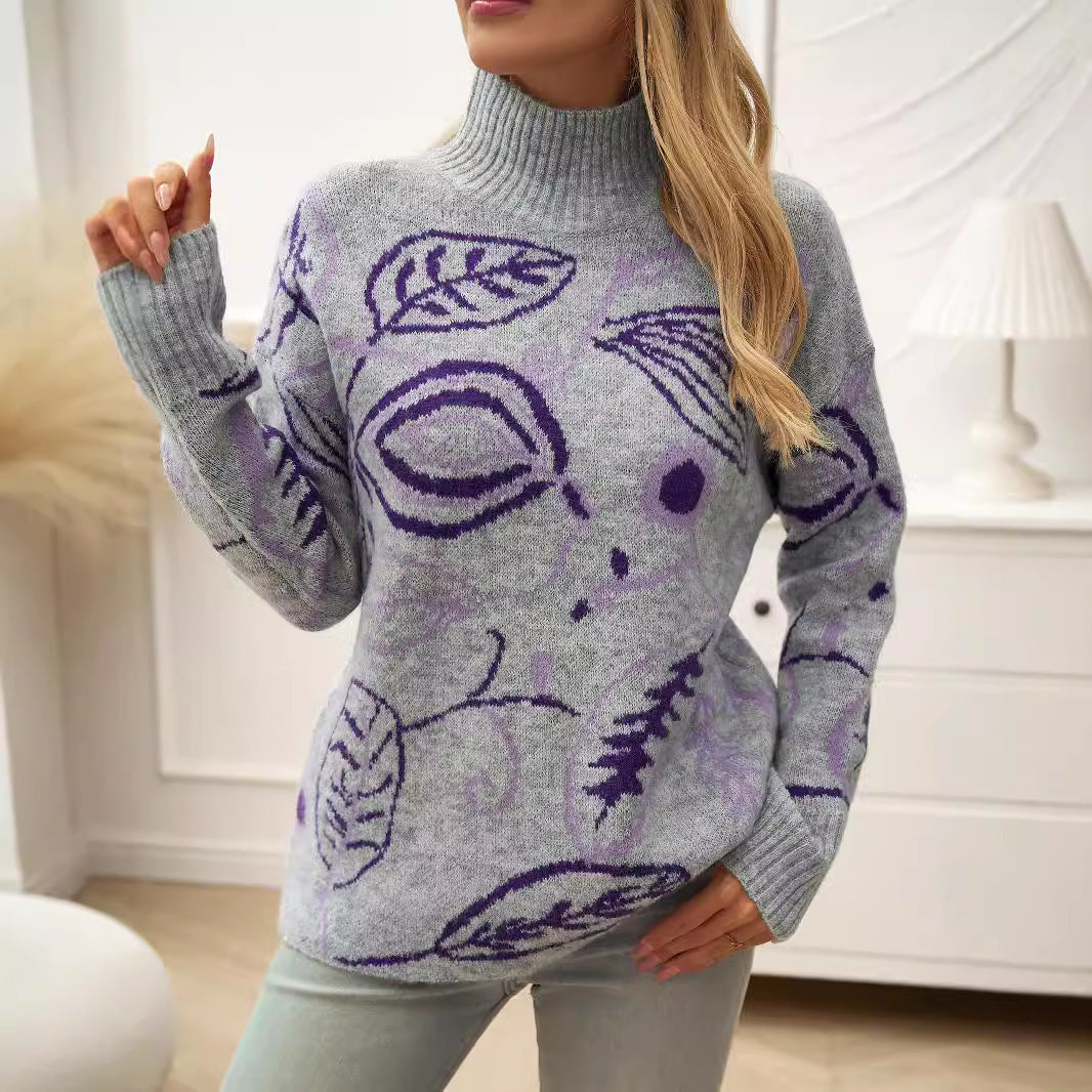 Turtleneck Jacquard Pullover Sweaters Women's Clothing